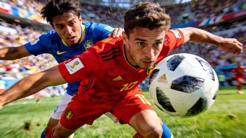 足球运动员在世界杯赛场上激烈拼抢的瞬间特写